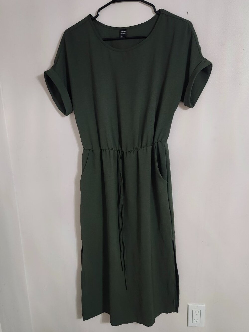 Olive Green Drawstring Midi Dress with Pockets size S